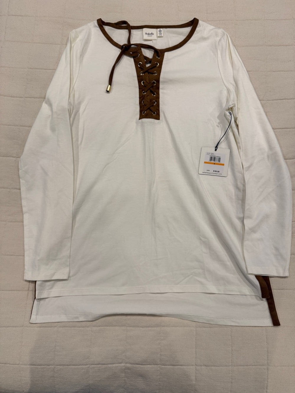 Rafaella White Long-Sleeve Lace-Up Shirt with Brown Trim